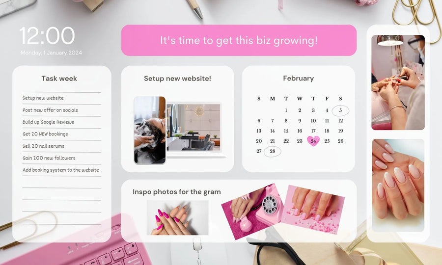 Digital planner showing a nail business task list, a February calendar and nail photos for social media