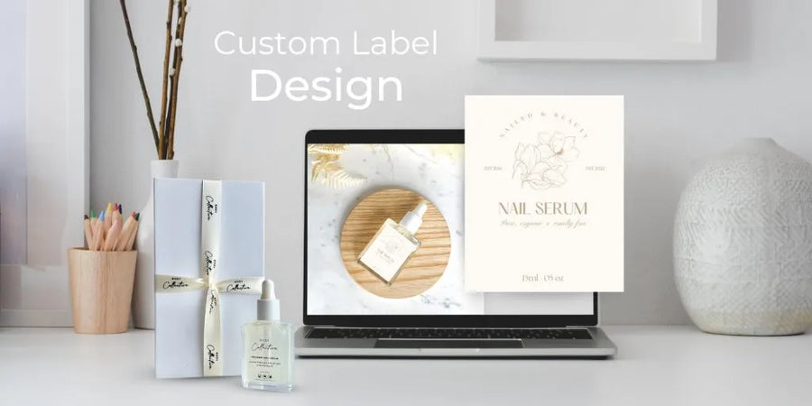 Custom label design shown on a laptop beside a branded nail serum bottle and a printed nail serum label
